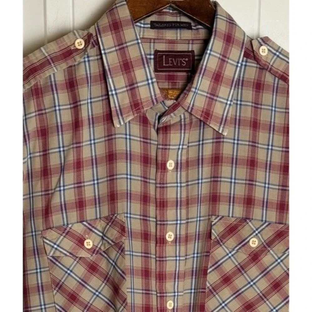 Levis Mens Shirt XL Brown Plaid 80s Button Up Tabs Korea TEAR SEE PICS Vintage